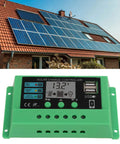 Solar rooftop setup with PWM Solar Charge Controller With Adjustable LCD Display For 12V 24V Systems, Durable Green Shell, Built To Last With Short Circuit Open Circuit Reverse Connection And Overload Protection, No Fuss Setup For Home And Small Business Use, 20A
