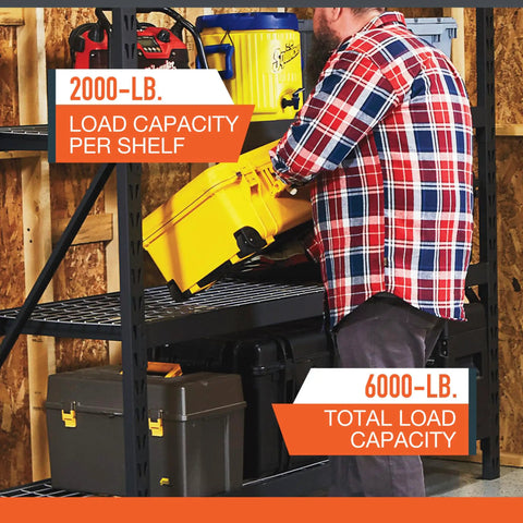 Robust 3 Tier Steel Shelving Rack With 6000 Lb Heavy Duty Capacity For Garage And Warehouse Storage showing tools being organized.