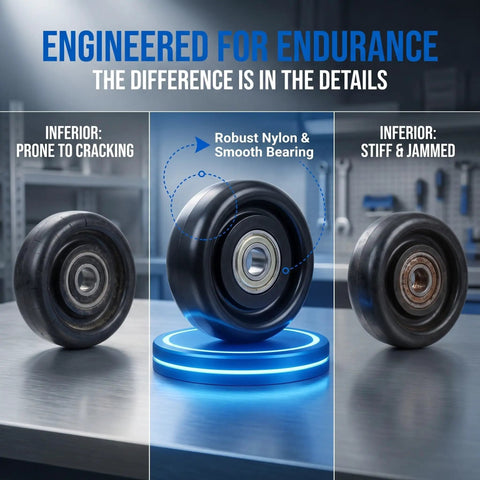 4 Pack 3 Inch Nylon Pulley Wheels Heavy Duty Track Rollers, showing robust nylon roller with smooth bearings between inferior types.
