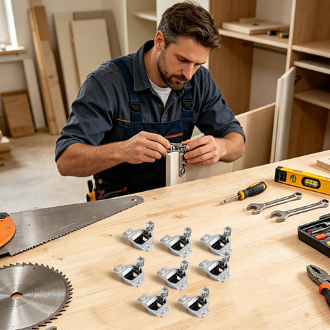 Worker installing Replacement Cabinet Door Hinges Kit For Cupboards No-Drill Easy Install in workshop with tools on table