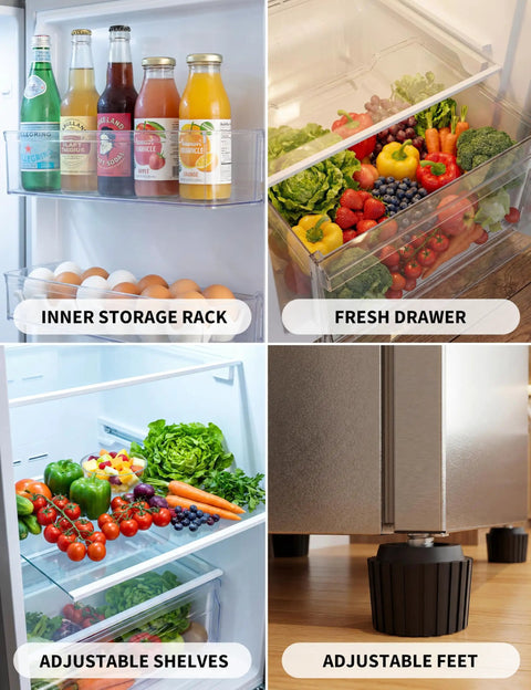 Knock Out 11 Cubic Foot Upright Freezer That Flips Into A Fridge inner storage rack, fresh drawer, adjustable shelves, and feet.