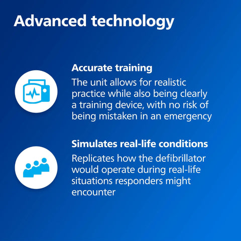 AED trainer infographic banner on blue gradient with accurate training and real-life condition simulation icons