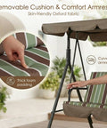 Three Seat Outdoor Patio Swing With Adjustable Canopy Heavy Duty Steel Frame Weather Resistant Build Removable Cushions For Porch Patio Garden Or Poolside Lime Stripe Lounge Setup showing close-up on armrest and cushion