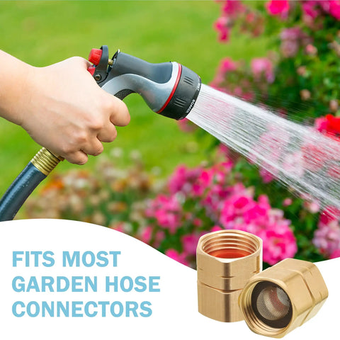 Heavy Duty Brass Garden Hose Adapter Female To Female Three Quarter Inch Dual Swivel Connectors shown with hose and flowers