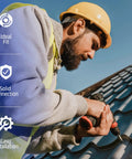 Worker installing Top Shelf Hex Washer Head Self Drilling Tek Screws For Sheet Metal on metal roofing with power drill.