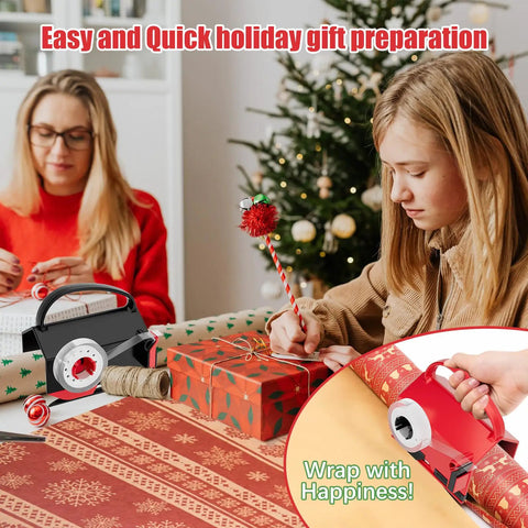 2 Pack Kickass Wrapping Paper Cutter And Tape Dispenser Set Delivers Rock Solid Straight Edges On Gift Wrap Every Time Includes Swappable Blades Zero Fuzz Ends Perfect For Holiday Present Wrangling Red And Black, used by two people for wrapping gifts.
