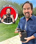 50 Foot Expandable Garden Hose Featuring Tough Copper Blend Core And Adjustable 10 Spray Pattern Dial held by a smiling man outdoors.