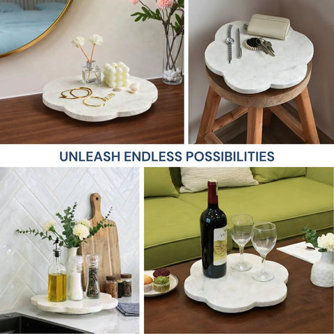 Genuine White Capiz Shell Rotating Lazy Susan Serving Tray For Dining Tables Features Scalloped Design on various setups.