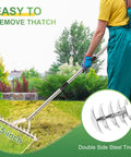 62 Inch Thatch Rake With Adjustable Long Handle demonstrating 15 Inch wide rake head on grassy lawn for removing thatch with ease
