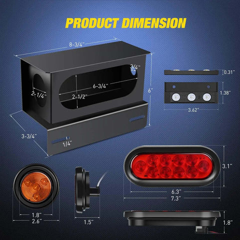 Two Pack Beefy Steel Trailer Light Boxes Housing Kit With 6 Inch Oval Red Tail Lights product dimensions diagram