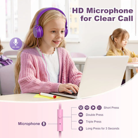 Girl using On Ear Kids Headphones With Microphone, Wired, 93dB Volume Limited, Foldable Lightweight Headphones For School Learning And Entertainment, Pink Purple