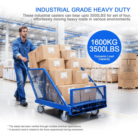 Warehouse worker using 8 Inch Heavy Duty Caster Wheels Set With 2 Braked Swivel Casters And 2 Fixed Industrial Plate Casters Total Capacity 3500 Lbs 1600 Kg For Workbenches Carts Trolleys And Warehouse Equipment to move boxes
