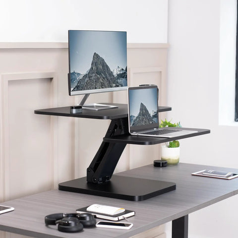 No Brainer Height Adjustable 25 Inch Standing Desk Converter for sit and stand setup with monitor and laptop, black color