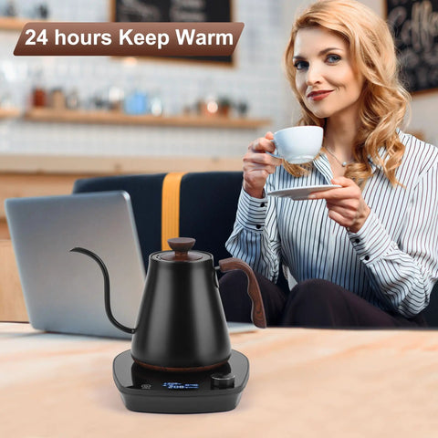 Gooseneck Electric Kettle With Smart Temperature Control, 0.9L Stainless Steel Interior, 1000W Fast Heat, Ideal For Pour Over Coffee And Tea, Boil Water Quick, Black next to person with cup.
