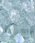 Close-up of white fire glass pieces for outdoor propane fire pit table top with 40,000 BTU, 30x30 inch square tile top.