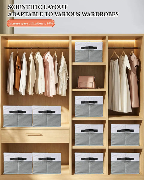 Real Deal Foldable Fabric Storage Cubes With Sturdy Reinforced Handles And Hassle Free Collapsible Closet Shelf Bins For Clothes Toys And Blankets in a closet with hanging clothes.