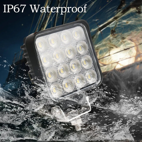 Heavy Duty 4.3 Inch Led Flood Lights For Tractor And Excavator Setup 12V 24V Dual Voltage Work Lamps 46 Watt 5300 Lumens Beefy Roof Rack Illumination IP67 Waterproof 2 Pack in water with splash effect.