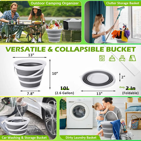 Collapsible bucket displayed in various settings, 10L capacity, measures 13 inches wide by 10 inches tall, folds to 2 inches.
