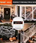 1200 Square Foot White Stretchable Halloween Spider Webs With Forty Fake Spiders for haunted porch decoration with pumpkins and skull.