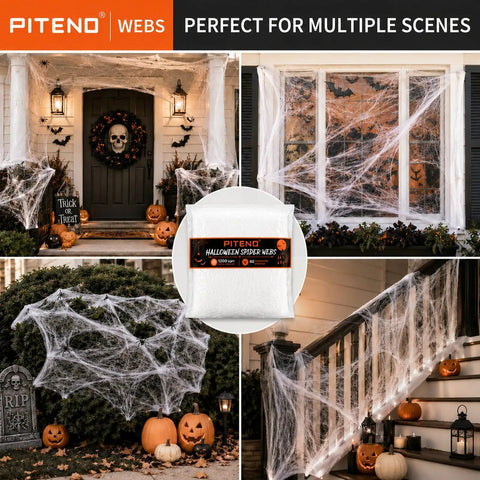 1200 Square Foot White Stretchable Halloween Spider Webs With Forty Fake Spiders for haunted porch decoration with pumpkins and skull.