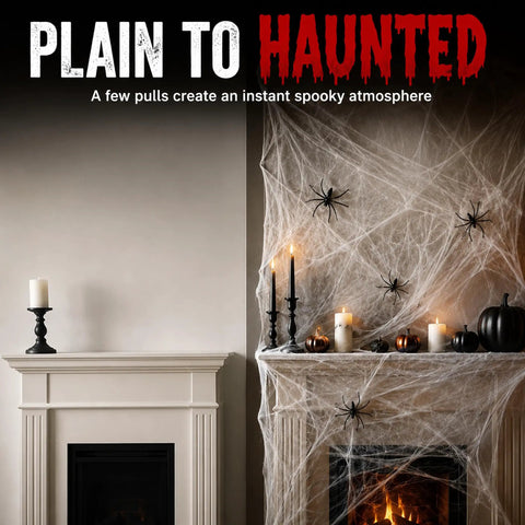 Epic Halloween Fake Spider Webs With 200 Square Feet Of Stretchable Yard Netting And Twenty Realistic Creepy Crawlers For Indoor Outdoor Home Party Decor That Brings Total Goosebumps draped over a fireplace with candles and pumpkins.