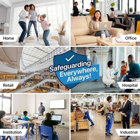 Collage of air filter use: home, office, retail, hospital, institution, industrial environments with 'Safeguarding Everywhere, Always!' text.