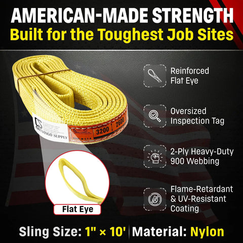 American-made 1 Inch By 10 Foot Nylon Lifting Sling Heavy Duty 3200 Lb Vertical 2600 Lb Choker 6400 Lb Basket 2 Ply 900 Webbing Type 3 Flat Eye