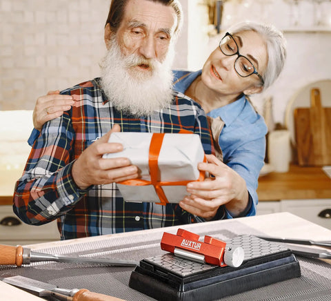 Heavy Duty Chisel Sharpener Jig With Integrated Whetstone And Adjustable Honing Guide For Woodworking Blades on a table with two people.
