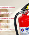 Close-up of a 5 Lb ABC Dry Chemical Fire Extinguisher With Quick Release Handle Rated 2A 10B C showing pressure gauge and hose.