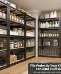 Hella Tough 5 Tier Metal Storage Rack With Fully Adjustable Shelves And 2000 Pound Capacity storing kitchen supplies and organized bins.
