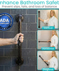 Solid as a Rock Shower Grab Bar Heavy Duty Bathroom Handrail With Zero Slip Grip, wet hand gripping a stainless steel bar in shower.