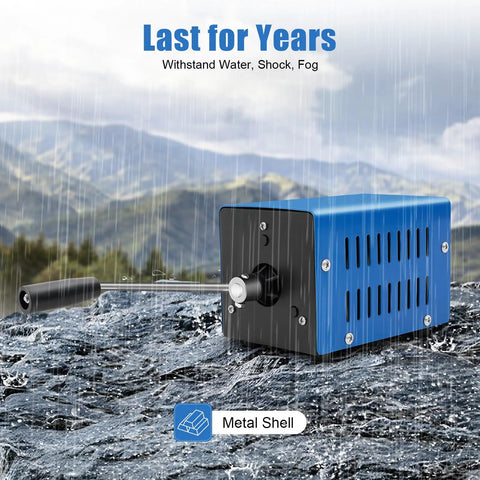 Portable USB Hand Crank Power Generator For Off Grid Emergencies, 20W Manual Charger in rain on rocky surface with metal shell