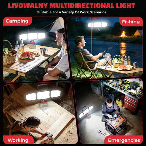 Rugged Two Pack Led Work Lights With Freely Rotating Three Heads And True 360 Degree Coverage Throw Down 15000 Lumens in camping and work scenarios.
