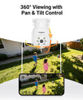 Kick Up Your Yard Watch With This Rock Solid 1080P Pan Tilt Wired Security Camera showing 360° viewing with kids playing outside.