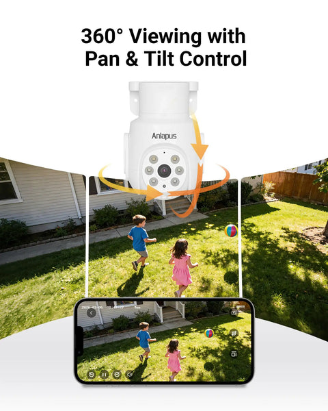 Hardcore 4K Pan Tilt Wired Security Camera Add On capturing kids playing outdoors with 360° viewing and smartphone control.
