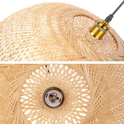 Close-up of Boho Bamboo Pendant Light With Round Wicker Basket Shade, handwoven bamboo pattern, 15.7 inch diameter, E26 E27 bulb socket visible.
