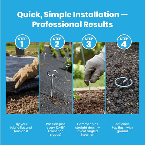Steps showing installation of Heavy Duty 11 Gauge 6 Inch Galvanized Steel Landscape Pins With Round Top For Landscape Fabric