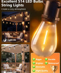 Close-up of 48Ft Outdoor String Lights With 16 LED Warm White Bulbs, waterproof and dimmable, featuring shatterproof hanging lights.