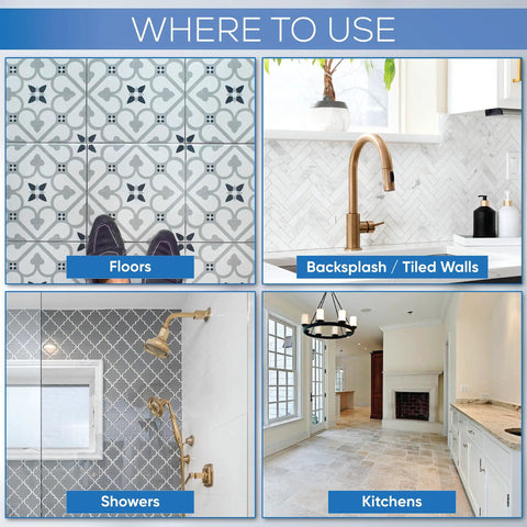 Grout Sealer 16 Oz Clear For Tile And Grout Natural Finish displayed on floors, backsplashes, showers, and kitchen areas.