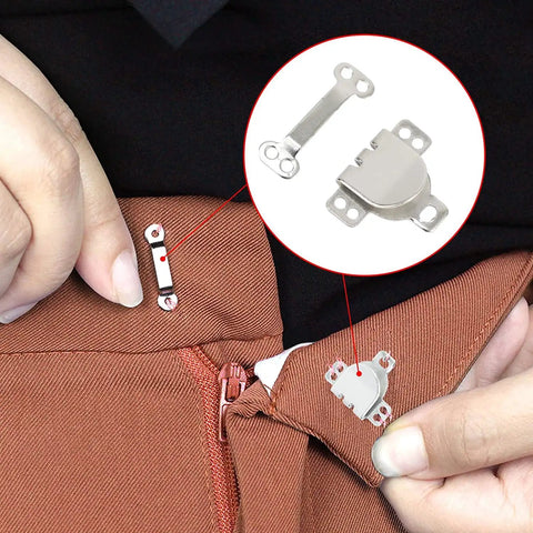 Sixty Pairs Of High Grade Sewing Hooks And Eyes Garment Fasteners, silver hardware shown on a garment for easy fastening.