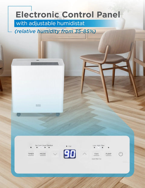 Heavy Duty Portable 50 Pint Dehumidifier For Damp Basements And Closets With Continuous Drain Hose And Removable Bucket, electronic control panel with adjustable humidistat.