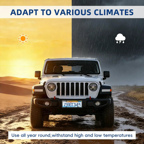 Unbreakable License Plate Covers With Screws on SUV illustrating all weather protection in sun and rain, impact resistant ABS