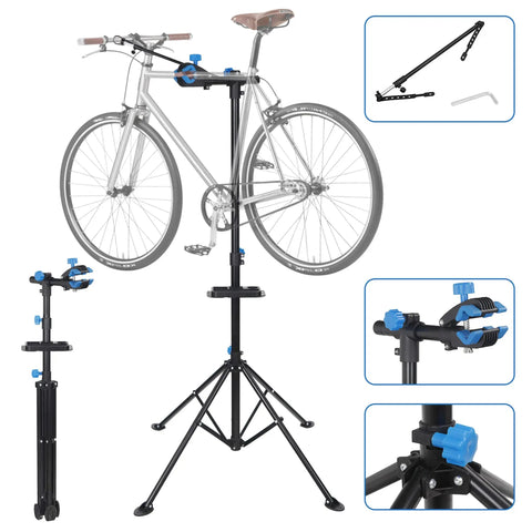 Adjustable Bike Repair Stand For Home Use, Heavy Duty Bicycle Maintenance Stand Supports Up To 66 Lbs, shown with bike mounted