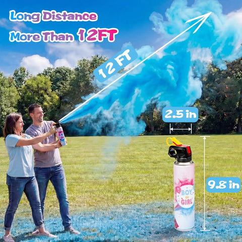 Zero Stress Safe Cornstarch Gender Reveal Smoke Bombs 2 Pack Fire Extinguisher Blast Cannon spraying blue cloud outdoors.