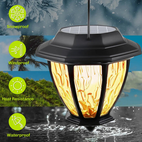 Close-up of Two Pack Solar Pathway Lights With Shepherd Hooks Outdoor Lanterns, showcasing weatherproof features in rain and snow.