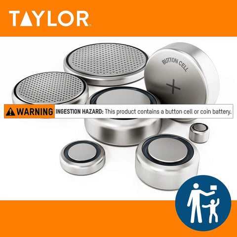 Button cell batteries with ingestion hazard warning, arranged in various sizes, labeled "Button Cell" on silver casing.