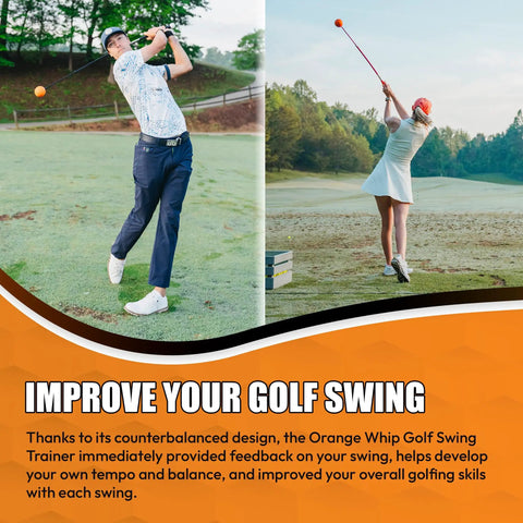 Two golfers demonstrate the Counterbalanced Golf Swing Trainer Aid For Flexibility, Tempo, And Consistent Contact, 47 Inch Practice Tool Made In USA, Patented Swing System Pros Count On, Realistic Feel To Elevate Your Game At Home Or On The Range on a golf course.