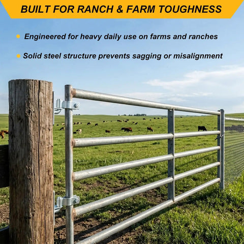 Heavy Duty Wall Mount Gate Hinges For 1 3 8 Inch Pipe Frames on a sturdy fence with grass and cows in the background.
