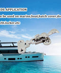 Rock Solid Heavy Duty 316 Stainless Steel Boat Hatch Latch Lockable Anti Rattle Clamp With Padlock Eyelet Top Shelf Marine Hardware For Secure Seal on yacht against water backdrop.