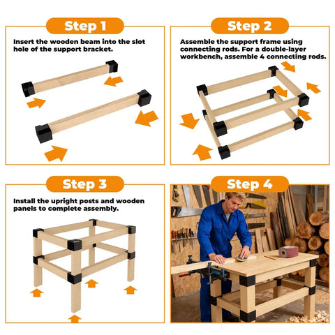 Heavy Duty Workbench Bracket Kit 12 Pc Three Way Right Angle Corner Braces For DIY assembly steps shown with builder.